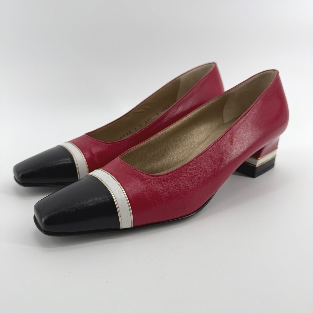 Vintage St John Red Leather Black Cap Toe Block Heel Pumps Size 9 AAAA Italy‎
